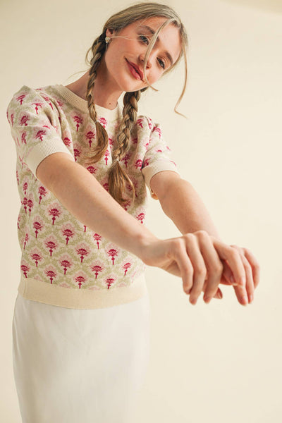 FLORAL PATTERN SHORT SLEEVE SWEATER LT BLUE SAGE MULTI