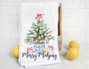 Merry Mahjong Chinoiserie Christmas Tree Tea Towel - Thumbnail 2