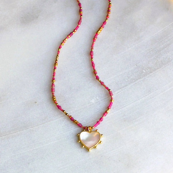 Unity Beaded Necklace with Heart Pendant - Choose your color: Raspberry / 18 inch + 2 inch extender