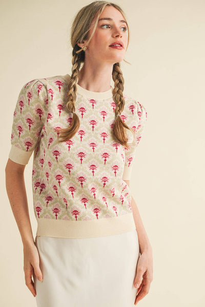 FLORAL PATTERN SHORT SLEEVE SWEATER LT BLUE SAGE MULTI