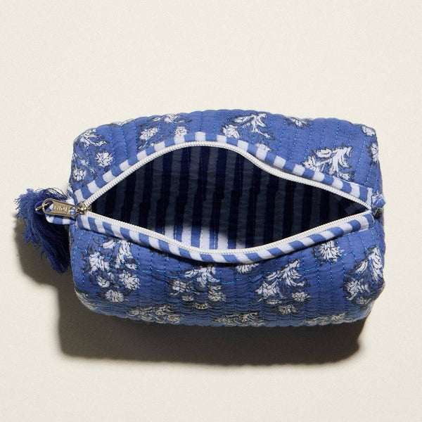 Blue Quilted Floral Cosmetic Pouch