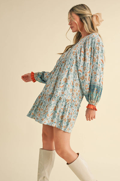 EXCLUSIVE PRINT PUFF SLEEVE TIERED BABYDOLL DRESS Camel Multi Paisley