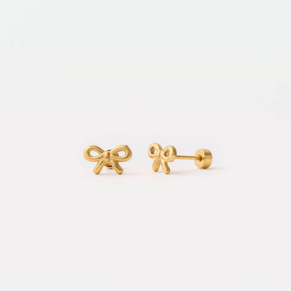 Bow Long Post Gold Stud - Hypoallergenic, Flat Back, Girl : Pair