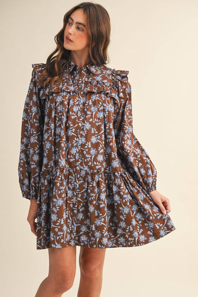 RUFFLE TRIM BUTTON DOWN MINI DRESS Deep Green Floral