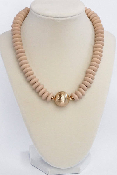 Wood Saucer Beads Short Statement Necklace Gold center Turquoise