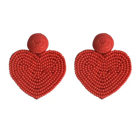 Red Heart Beaded Statement Earrings