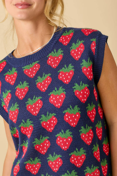 Strawberry Oversized Sleeveless Sweater Knit Top: NAVY