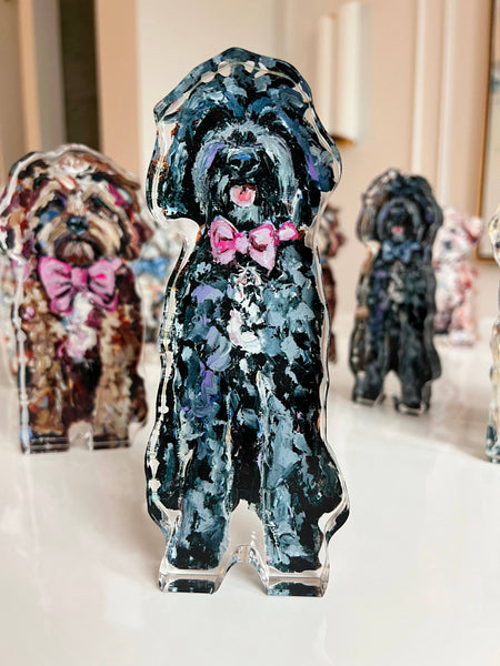 "Golden Doodle Black With Pink Bow" acrylic shelfie: Small