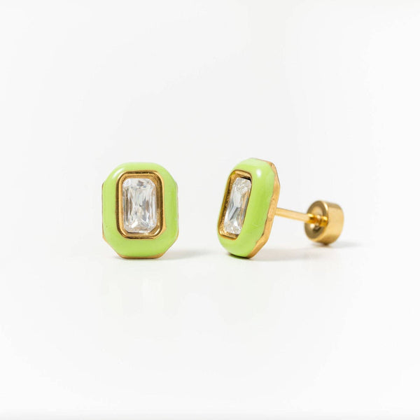 Emerald Enamel Gemstone Stud - Hypoallergenic, Flat Back: Pink / Pair