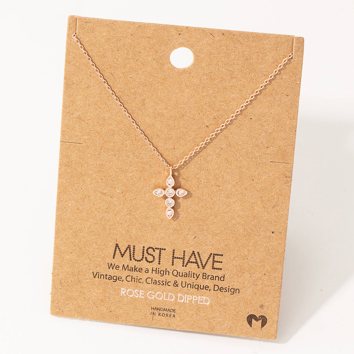 Rhinestone Cross Pendant Necklace: Rose Gold