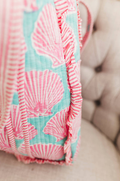 Sanibel Pink Shell | Large Quilted Ruffle Tote Bag