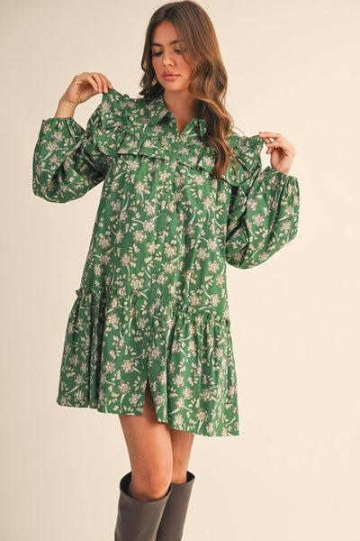 RUFFLE TRIM BUTTON DOWN MINI DRESS Deep Green Floral