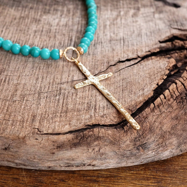 Primitive Cross Necklace Gold Pearl Turquoise Beads: Pearls