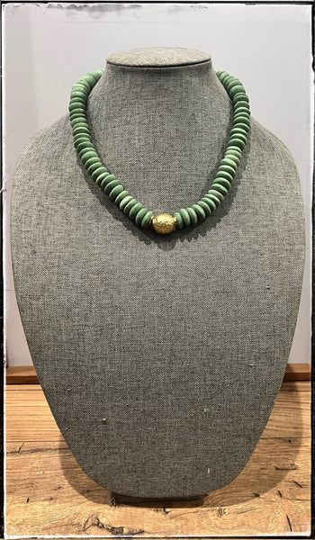 Recycled Glass Short Necklace Brass Ball Pendant Green