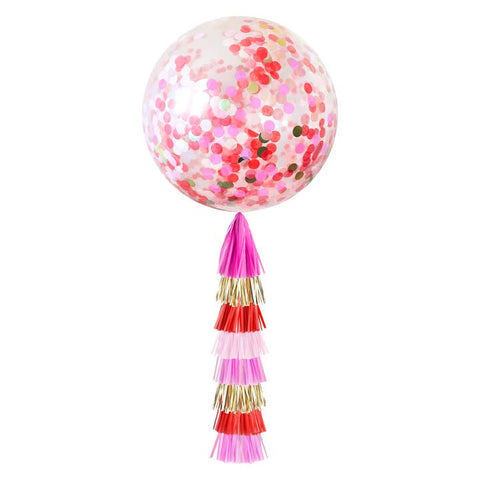 Jumbo Pink and Red Confetti Balloon with Tassel Tail