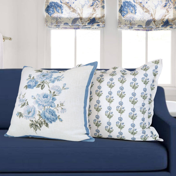 Amalthea Blue Linen Block Print Square Pillow Cover: 22X22