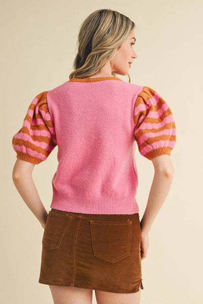 CONTRAST STRIPED PUFF SLEEVE SWEATER MSW10887: Pink