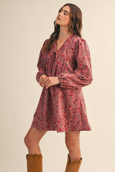FLORAL CORDUROY MINI DRESS MDR4409: Orchid Multi Floral