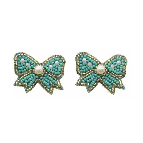 Turquoise Bead and Pearl Bow Earrings
