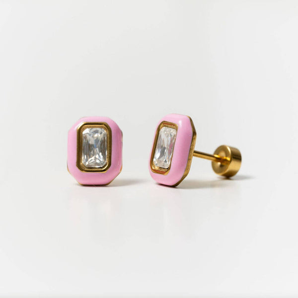 Emerald Enamel Gemstone Stud - Hypoallergenic, Flat Back: Pink / Pair