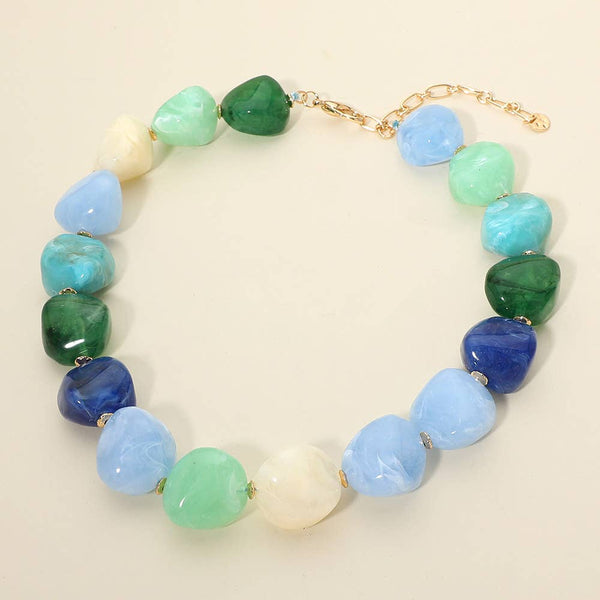 Chunky Marbled Resin Pebble Beaded Statement Necklace: Neutral