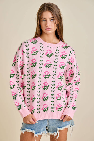 Floral Border Jacquard Sweater Knit: FLORAL PINK