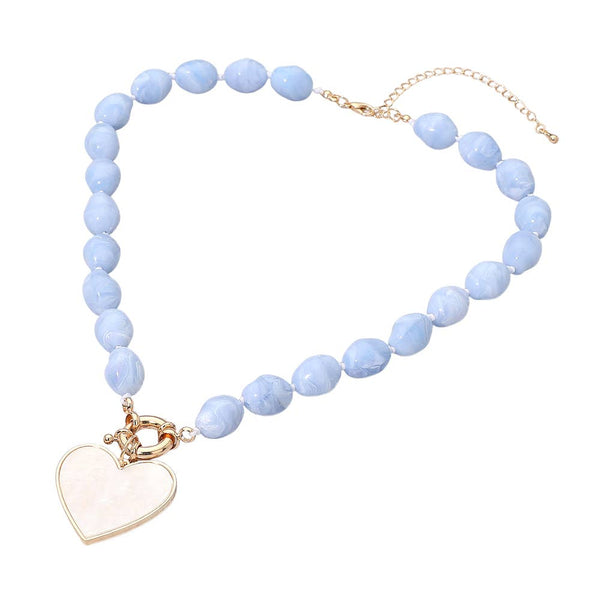 Mother of Pearl Heart Pendant Marbled Pebble Beaded Necklace
