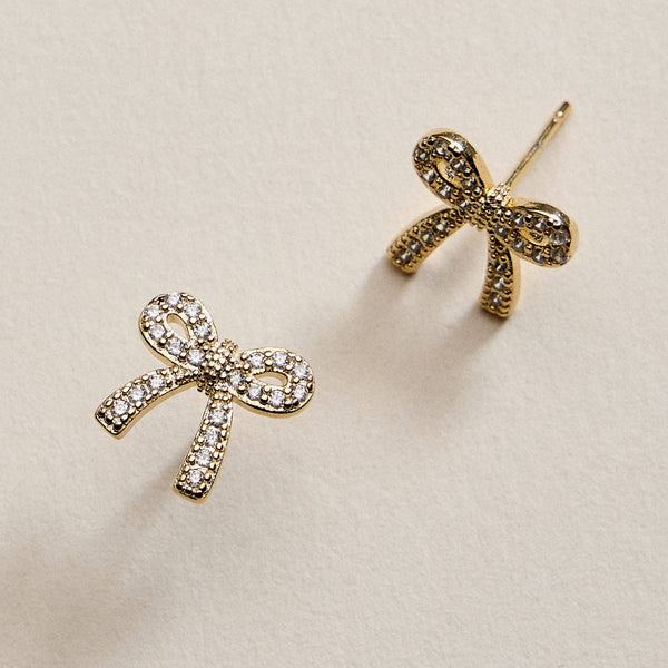 Gold Filled Crystal Bow Stud Earrings: GD / ONE