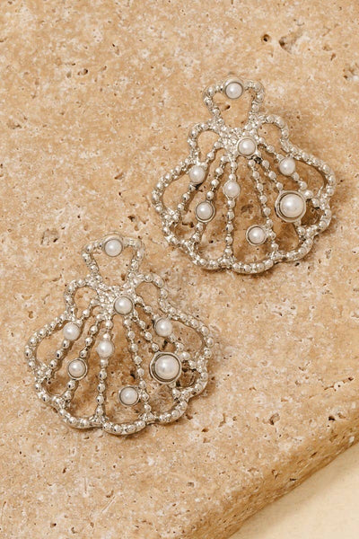 Pearl Studded Metallic Clam Shell Stud Drop Earrings: