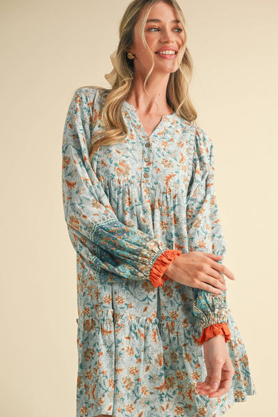 EXCLUSIVE PRINT PUFF SLEEVE TIERED BABYDOLL DRESS Camel Multi Paisley