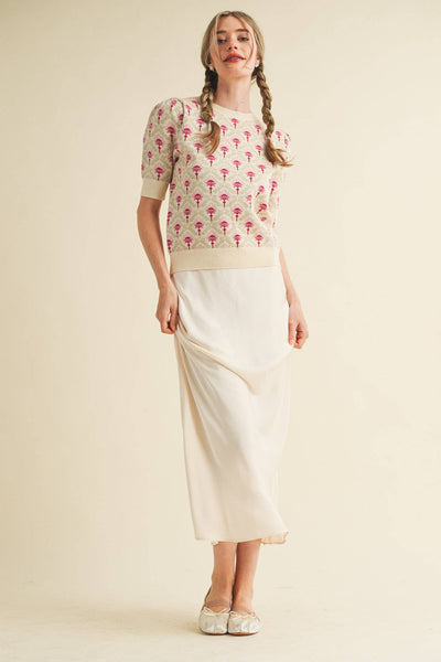 FLORAL PATTERN SHORT SLEEVE SWEATER LT BLUE SAGE MULTI