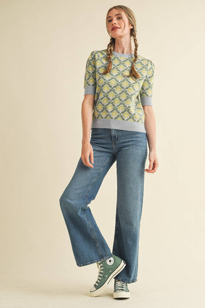 FLORAL PATTERN SHORT SLEEVE SWEATER LT BLUE SAGE MULTI