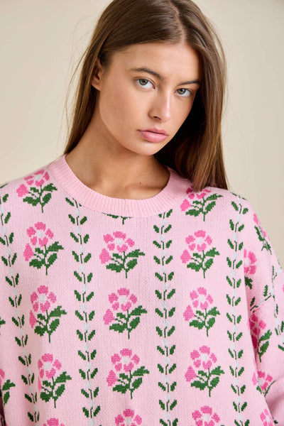 Floral Border Jacquard Sweater Knit: FLORAL PINK