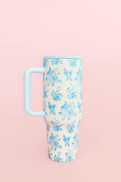 Blue Floral 40oz Tumbler with Spill Proof Lid and Flip Straw