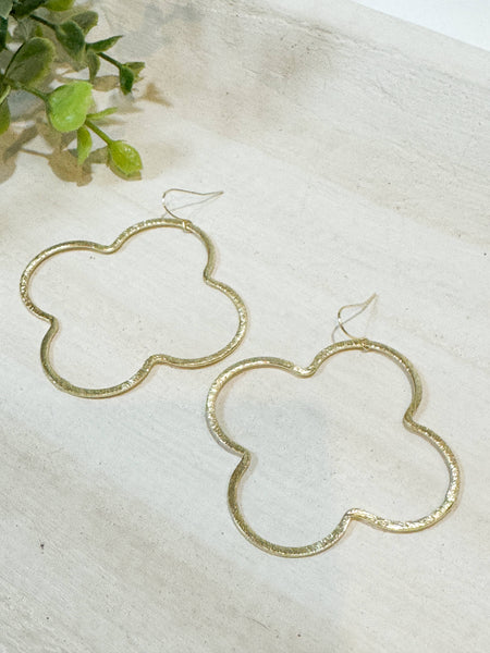 Large Light Brushed Gold Quatrefoil Earrings on Gold Hook