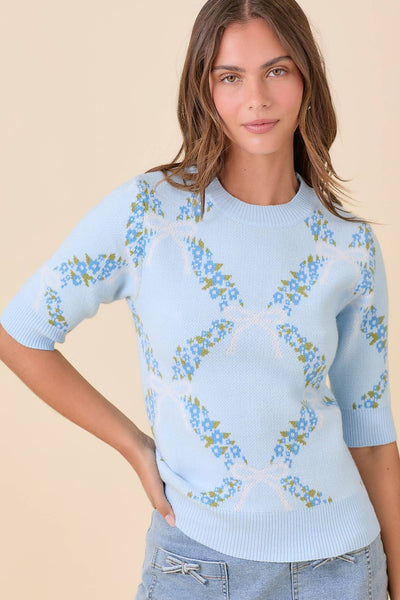 Floral Ribbon Print Sweater Knit Top: BLUE