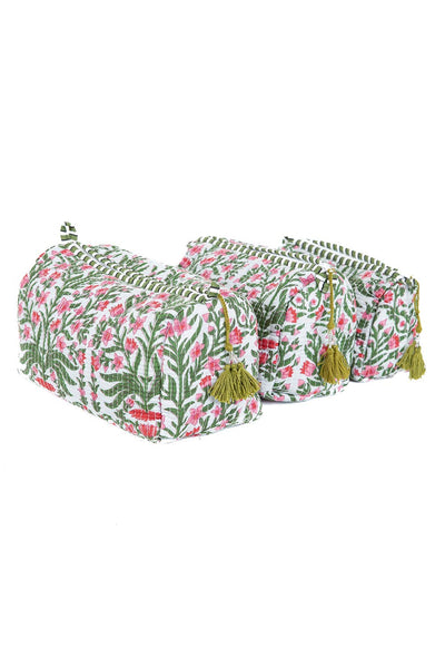 Green and Pink Floral print Quilted Cotton Toiletry Bag Set