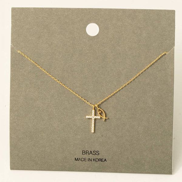 Pave Cross And Fish Charms Chain Necklace: GDCRY