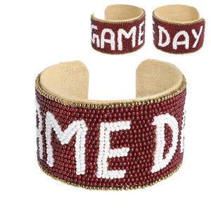 Burgundy and White Beaded Game Day Cuff Bracelet