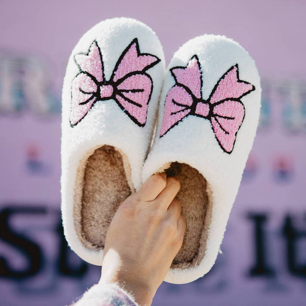 Light Pink Bows Coquette Women's Slippers: White / L/XL
