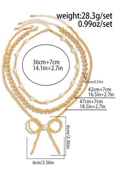 MULTILAYER BALL CHAIN BEAD PEARL BOW NECKLACE GOLD