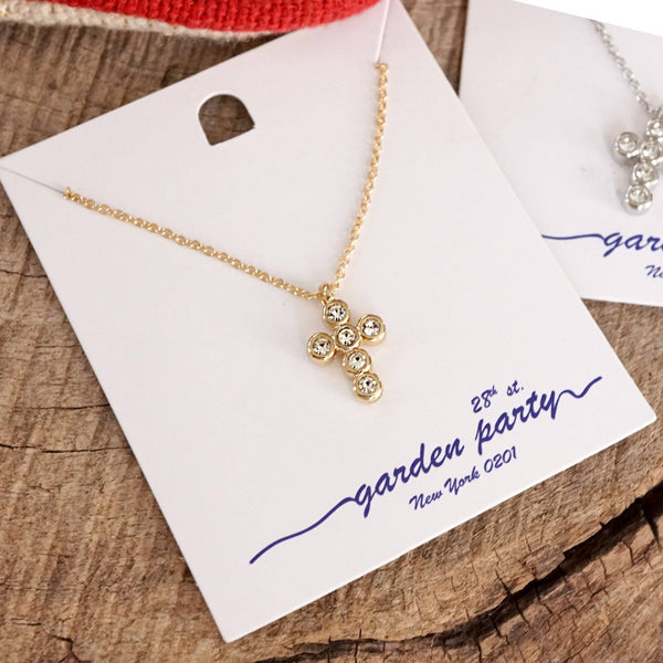 Classic Dainty Cross and Crystal Necklace – Gold Tone