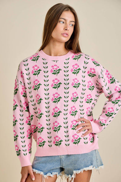 Floral Border Jacquard Sweater Knit: FLORAL PINK