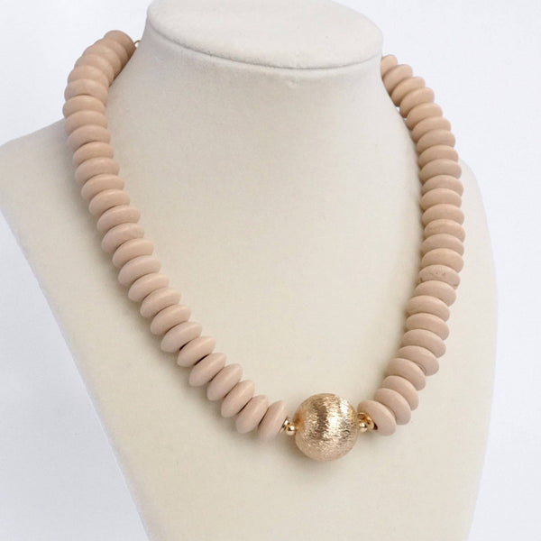 Wood Saucer Beads Short Statement Necklace Gold center Beige
