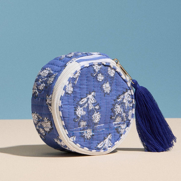 Blue Quilted Floral Round Coin Pouch