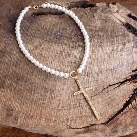 Primitive Cross Necklace Gold Pearl Turquoise Beads: Pearls