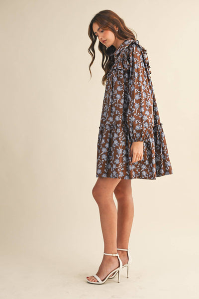 RUFFLE TRIM BUTTON DOWN MINI DRESS Deep Green Floral