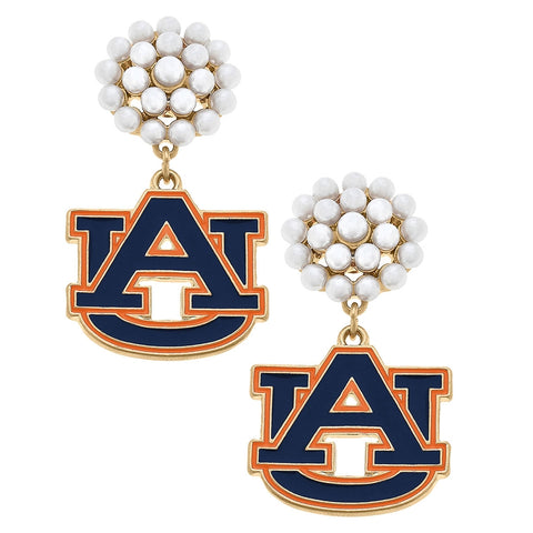 Auburn Logo Pearl Cluster Enamel Earrings