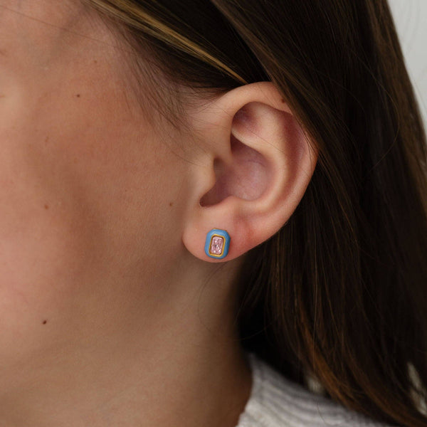 Emerald Enamel Gemstone Stud - Hypoallergenic, Flat Back: Pink / Pair