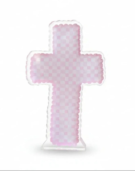 Mini Plaid Acrylic Cross Shelfie: Blue